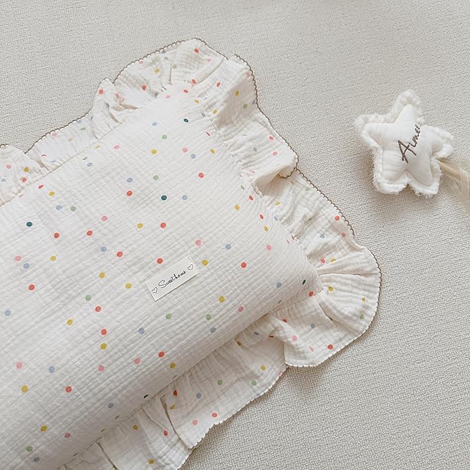 AOJIM Kids Toddler Pillowcase 1 Piece Super Soft Muslin Cotton Bedding Pillowcase with Colorful Beans Pattern, Ruffle Edges Nursery Pillowcase Durable Kids Pillow Cover, Machine Washable 14x20 Inches