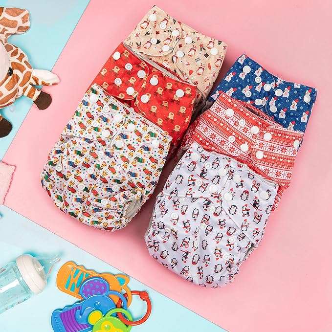 Simple Being Reusable Cloth Diapers, Double Gusset, One Size Adjustable, Washable Soft Absorbent, Waterproof Cover, Eco-Friendly Unisex Baby Girl Boy, six 4-Layers Microfiber Inserts (Christmas)