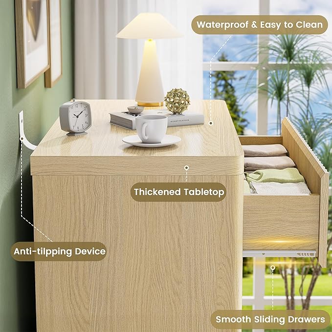 Fluted 6 Drawers Dresser for Bedroom, 56" Tall Modern Chest of Drawers with Curved Profile, Wooden Dressers Drawer Closet Clothes Storage Organizer for Living Room, Hallway, Natural