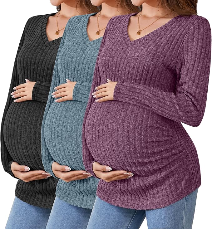 Ficerd 3 Pack Women's Maternity Shirts Ribbed Long Sleeve Pregnancy Tops V Neck Knit Side Ruched Pregnant Clothes Sweater
