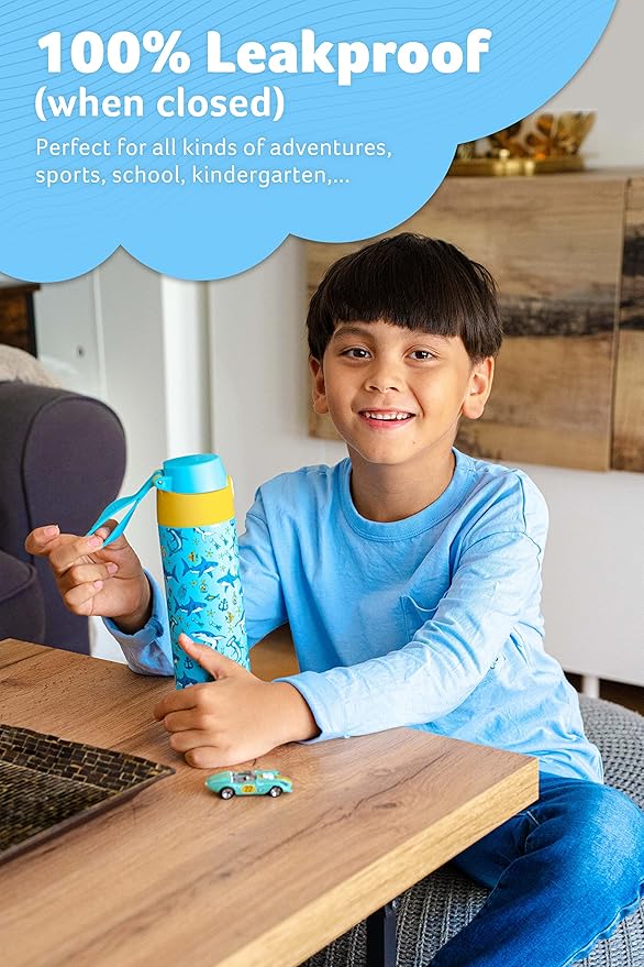 Jarlson® Mali Children's Water Bottle, Thermal Stainless Steel Water Bottle, BPA-Free, Leak-Proof, Children's Bottle with Chug Lid, Bottle for School, Nursery (Sharks, 500 ml)