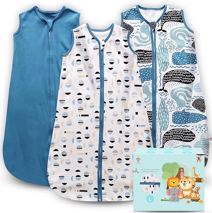 Cute Castle Baby Sleep Sack 12-18 Months - Lightweight 100% Cotton 2-Way Zipper TOG 0.5 Infant Wearable Blanket, Newborn Essentials Toddler Sleep Clothes (3 Pack Blue)