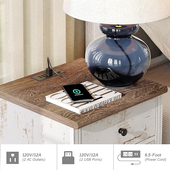 WAMPAT Rustic White Dresser for Kids Bedroom with 5 Drawers and 2 Storage Cabinet, Nightstands with Charging Station for Living Room, Mid Century Modern Baby Dressers with Wide Chest of Drawers