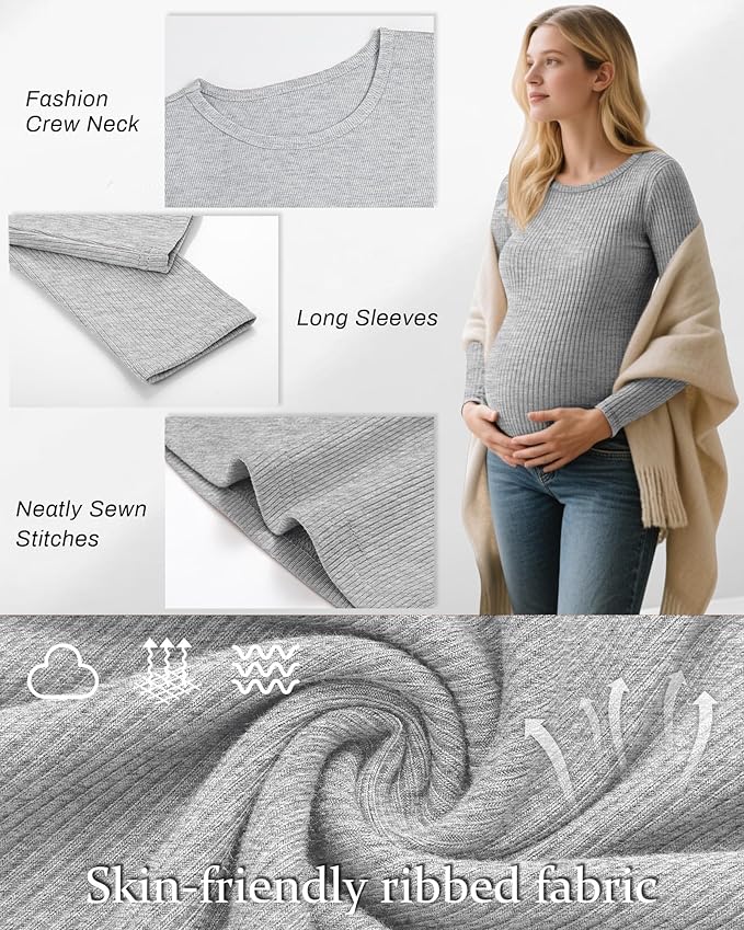 Riyiper 3 Pack Women's Maternity Shirts Long Sleeve Ribbed Knit Pregnancy Tees Cotton Crewneck Tunic Clothes Casual Fall Tops