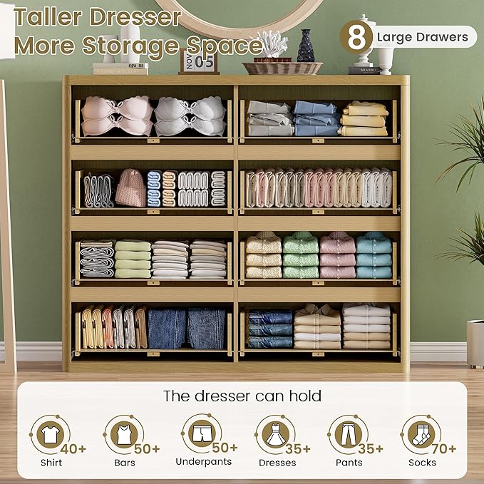 48" Wide Fluted Dresser with 8 Drawers, Modern Chest of Drawers with Deep Drawers, Handleless, Curved Profile, Wooden Storage Organizer for Bedroom, Living Room, Hallway, Natural