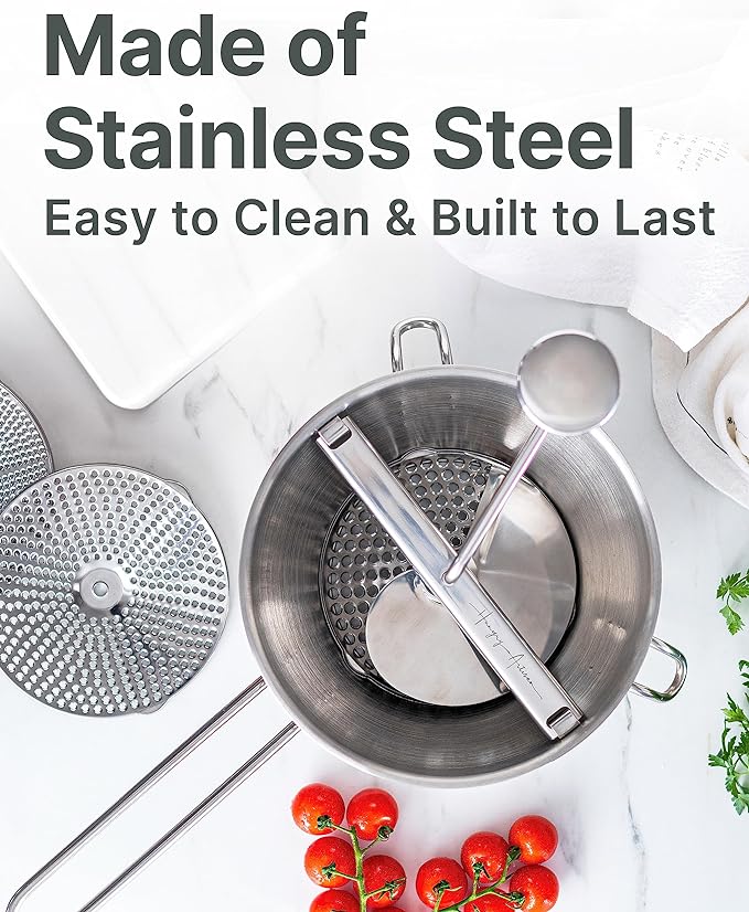 Ergonomic Food Mill Stainless Steel With 3 Grinding Discs - Rotary Food Mill for Tomato Sauce, Applesauce, Puree, Mashed Potatoes, Jams, Baby Food