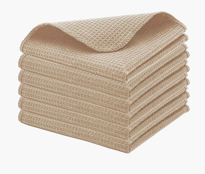 PurpleEssences Dish Cloths and Dish Rags - 6 Pack Waffle Weave Solid Kitchen Dish Wash Cloths, 100% Cotton, 12 x 12 Inches, Ultra Soft Absorbent Quick Drying Fall Thanksgiving - Beige
