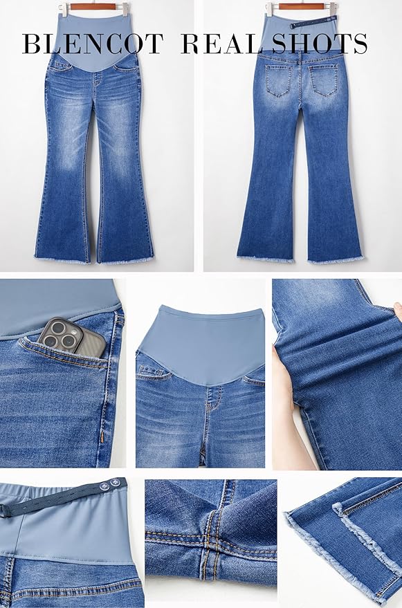 BLENCOT Maternity Jeans for Women Over Belly Pregnancy Pants Comfy Pregnant Jeans Flare Denim Jeans with Pockets
