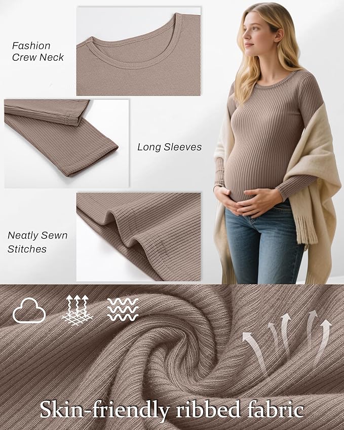 Riyiper 3 Pack Women's Maternity Shirts Long Sleeve Ribbed Knit Pregnancy Tees Cotton Crewneck Tunic Clothes Casual Fall Tops