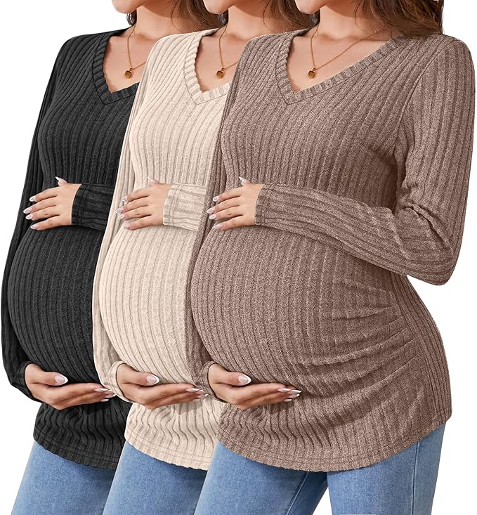 Ficerd 3 Pack Women's Maternity Shirts Ribbed Long Sleeve Pregnancy Tops V Neck Knit Side Ruched Pregnant Clothes Sweater