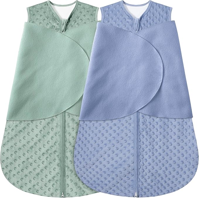 Fleece Newborn Sleep Sack Baby Swaddle,3-Way Adjustable Wearable Blanket,2 Pack Fleece Swaddling Sleeping Bag TOG 2.0， (Blue&Green, 0-3 Months)