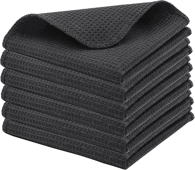 PurpleEssences Dish Cloths and Dish Rags - 6 Pack Waffle Weave Solid Kitchen Dish Wash Cloths, 100% Cotton, 12 x 12 Inches, Ultra Soft Absorbent Quick Drying -Fall Thanksgiving - Dark Grey