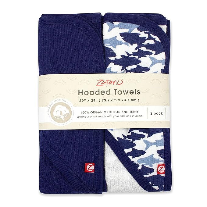 Zutano Hooded Baby Towels, Organic Cotton Baby Bath Towel, Ultra Soft and Absorbent Baby Towel for Newborn and Infant | Girl, Boy, and Unisex Towel Set, Shark Camo, 2-Pack