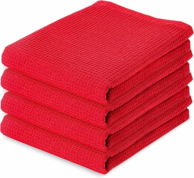 PurpleEssences Waffle Weave Kitchen Towel, 100% Cotton - 15 x 25 Inches, with Hanging Loop Ultra Soft Absorbent Quick Drying Dish Cloth, Tea and Hand Towels, 4 Pack - Fall Thanksgiving - Red