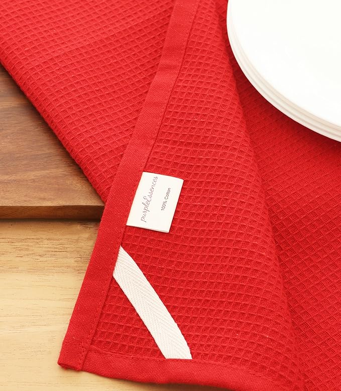 PurpleEssences Waffle Weave Kitchen Towel, 100% Cotton - 15 x 25 Inches, with Hanging Loop Ultra Soft Absorbent Quick Drying Dish Cloth, Tea and Hand Towels, 4 Pack - Fall Thanksgiving - Red