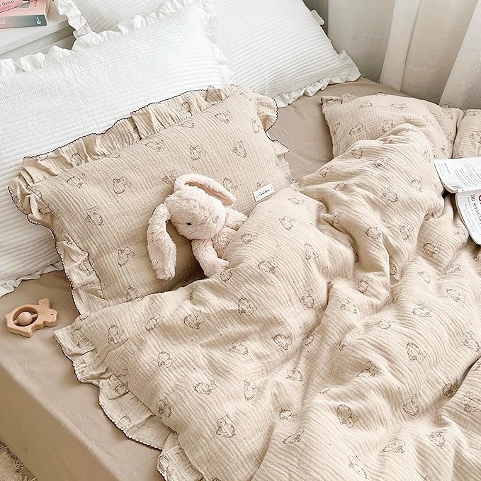 AOJIM Cute Rabbit Muslin Cotton Kids Toddler Pillowcase for Boys Girls Super Soft Baby Crib Bedding Pillowcase with Ruffle Edges Machine Washable Nursery Pillowcase, Durable Kids Pillow Cover, 26*20''