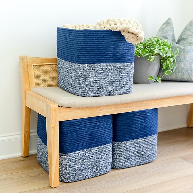 NaturalCozy 13x15x13 Kallax Storage Cubes Bins, 3 Pack | Cotton Rope Cube Storage Bin Woven Baskets for Organizing | Kallax Insert Storage Baskets for Shelves Organizer, Kids Toy, Closet Baby Nursery