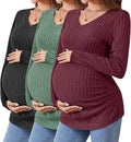 Ficerd 3 Pack Women's Maternity Shirts Ribbed Long Sleeve Pregnancy Tops V Neck Knit Side Ruched Pregnant Clothes Sweater