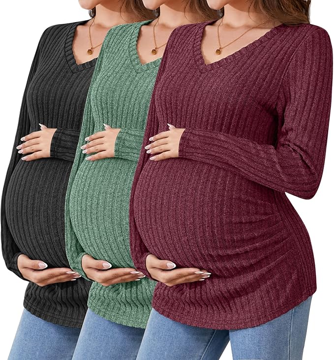 Ficerd 3 Pack Women's Maternity Shirts Ribbed Long Sleeve Pregnancy Tops V Neck Knit Side Ruched Pregnant Clothes Sweater
