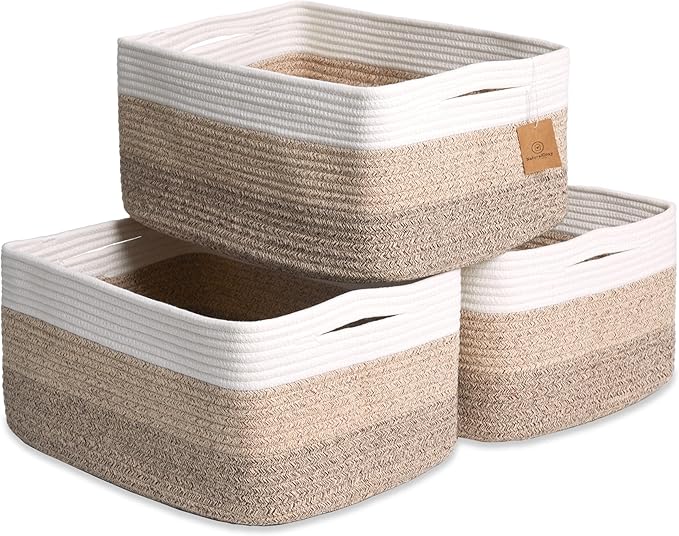 NaturalCozy Storage Baskets 16.8”x13”x7.6” Cotton Rope Woven Baskets for Organizing 3-Pack | Toy Storage Bins | Basket for Shelves, Laundry, Blanket, Clothes, Closet, Kitchen, Bathroom, Gifts
