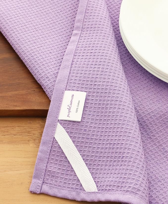 PurpleEssences Waffle Weave Kitchen Towel, 100% Cotton - 15 x 25 Inches, with Hanging Loop Ultra Soft Absorbent Quick Drying Dish Cloth, Tea and Hand Towels, 4 Pack - Fall Thanksgiving - Lavender