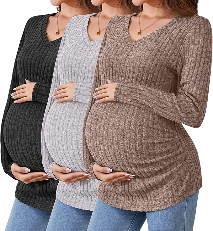 Ficerd 3 Pack Women's Maternity Shirts Ribbed Long Sleeve Pregnancy Tops V Neck Knit Side Ruched Pregnant Clothes Sweater