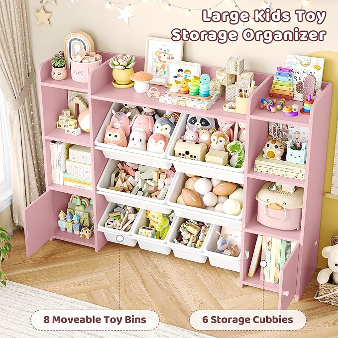 FOTOSOK 55''Large Toy Storage Organizer with 8 Toy Bins, Toy Organizers and Storage with Shelf and 6 Storage Cubbies, Bookshelf for Kids, Playroom Organization and Storage Bins, Pink