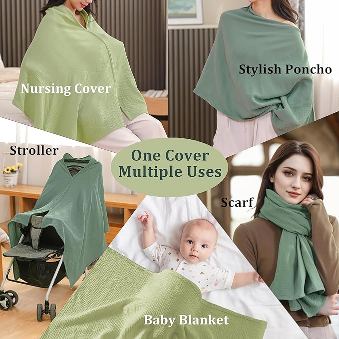 2-Pack Nursing Covers for Breastfeeding, 100% Organic Cotton Muslin Breastfeeding Cover, Multi-Use Nursing Scarf, Car Seat Canopy, Stroller Cover, Soft Breathable Baby Blanket Green