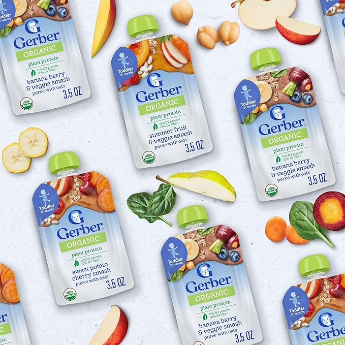 Gerber Toddler Food, Organic Banana Berry and Veggie Smash Puree Pouch, Toddler Pouches, No Added Sweetener, No Artificial Flavors, 12-Pack