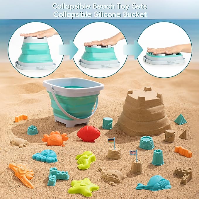 Beach Toys for Kids - Sand Toys Set Includes Collapsible Bucket Shovel and Mesh Bag 19 PCS, Toddlers Sandbox Toys Sandcastle Building Kit (Kids Beach Toy Set)