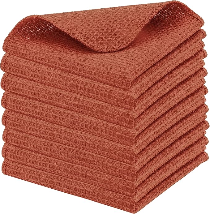 PurpleEssences Rust Dish Cloths and Dish Rags - 8 Pack Waffle Weave Solid Kitchen Dish Wash Cloths, 100% Cotton, 12 x 12 Inches, Ultra Soft Absorbent Quick Drying - Fall Thanksgiving - Rust