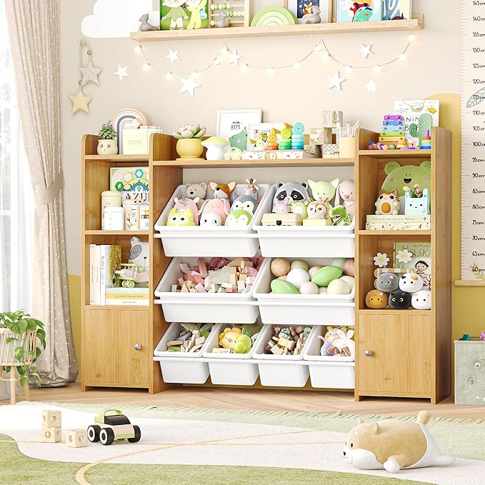 FOTOSOK 55''Large Toy Storage Organizer with 8 Toy Bins, Toy Organizers and Storage with Shelf and 6 Storage Cubbies, Bookshelf for Kids, Playroom Organization and Storage Bins, Natural