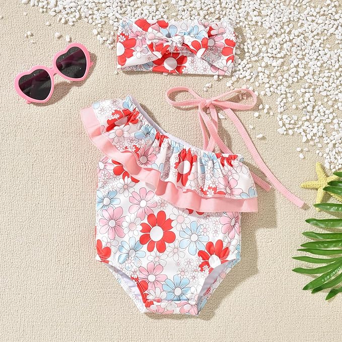 Toddler Baby Girls Ruffles Bikini One Piece Swimsuits Floral Off Shoulder Swimwear Beach Bathing Suit