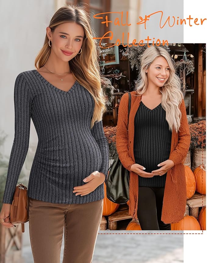 Ficerd 3 Pack Women's Maternity Shirts Ribbed Long Sleeve Pregnancy Tops V Neck Knit Side Ruched Pregnant Clothes Sweater