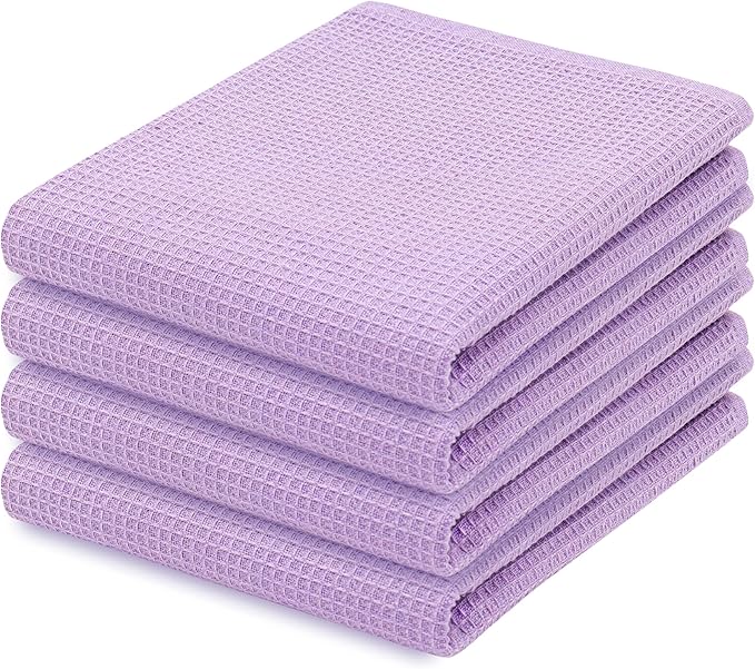 PurpleEssences Waffle Weave Kitchen Towel, 100% Cotton - 15 x 25 Inches, with Hanging Loop Ultra Soft Absorbent Quick Drying Dish Cloth, Tea and Hand Towels, 4 Pack - Fall Thanksgiving - Lavender