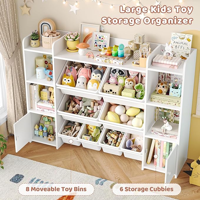 FOTOSOK 55''Large Toy Storage Organizer with 8 Toy Bins, Toy Organizers and Storage with Shelf and 6 Storage Cubbies, Bookshelf for Kids, Playroom Organization and Storage Bins, White