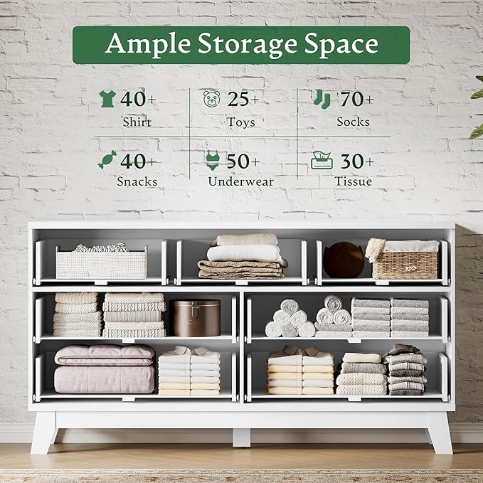 Fluted Dresser with 7 Drawers, 58" Wide Modern Chest of Drawers with Metal Handle, Wooden Dresser TV Stand, Wood Closet Clothes Storage Organizer for Bedroom, Living Room, Hallway, Solid White