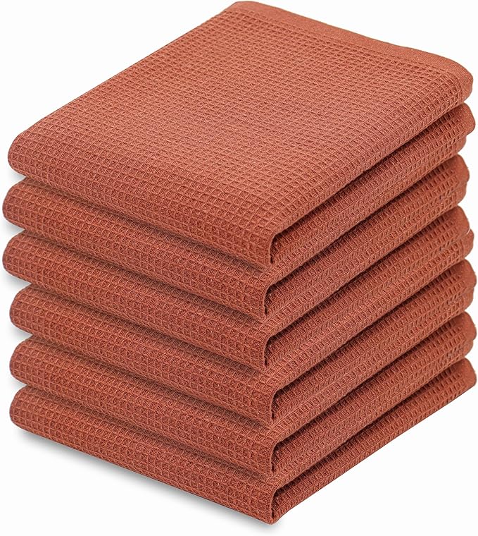 PurpleEssences Rust Waffle Weave Kitchen Towel, 100% Cotton - 15 x 25 Inches, with Hanging Loop Ultra Soft Absorbent Quick Drying Dish Cloth, Tea and Hand Towels, 6 Pack - Fall Thanksgiving - Rust