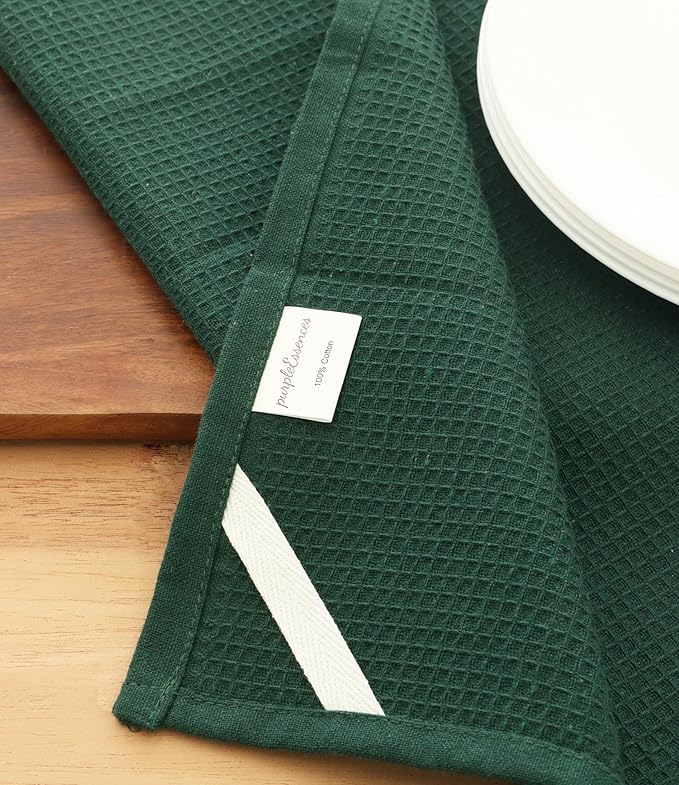 PurpleEssences Waffle Weave Kitchen Towel, 100% Cotton - 15 x 25 Inches, with Hanging Loop Ultra Soft Absorbent Quick Drying Dish Cloth, Tea and Hand Towels, 6 Pack - Fall Thanksgiving - Green