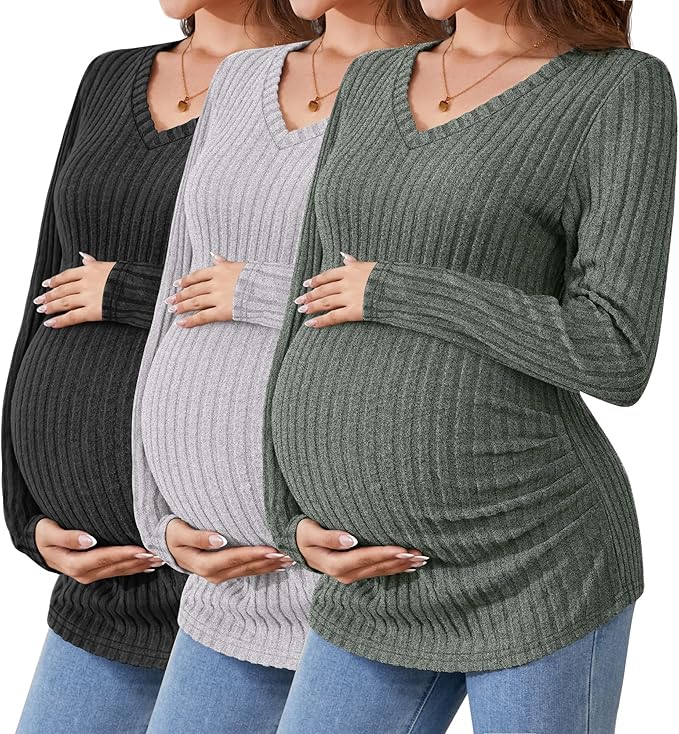 Ficerd 3 Pack Women's Maternity Shirts Ribbed Long Sleeve Pregnancy Tops V Neck Knit Side Ruched Pregnant Clothes Sweater