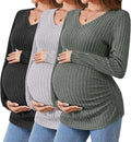 Ficerd 3 Pack Women's Maternity Shirts Ribbed Long Sleeve Pregnancy Tops V Neck Knit Side Ruched Pregnant Clothes Sweater
