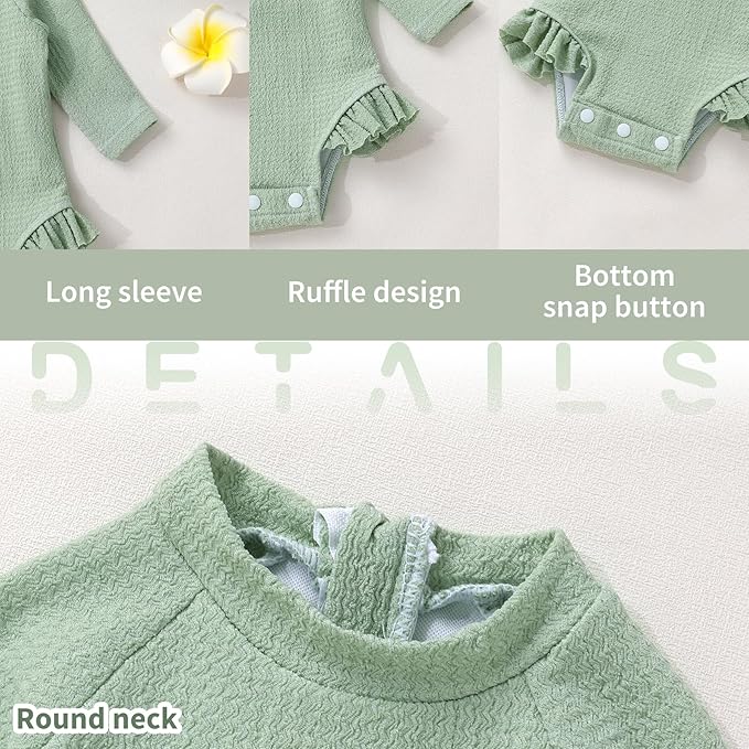 YOUNGER TREE Infant Baby Girls Swimsuit Long Sleeve Swimsuits One Piece Swimsuit Solid Color Bathing Suit with Hat, UPF 50+