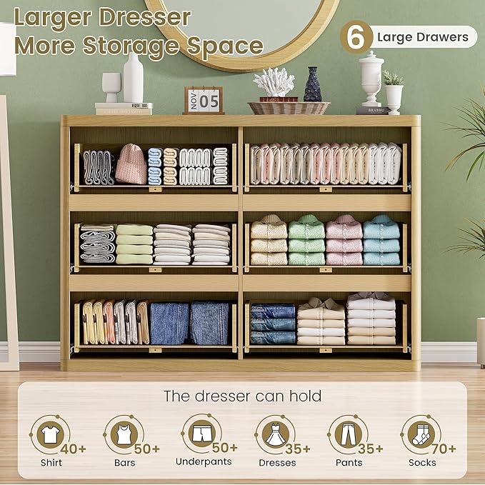 Natural 6 Drawers Dresser for Bedroom, 48" Wide Wood Chest of Deep Drawers with Curved Profile, Handleless, Modern Fluted Dresser TV Stand, Storage Closet Drawer Organizer for Bedroom