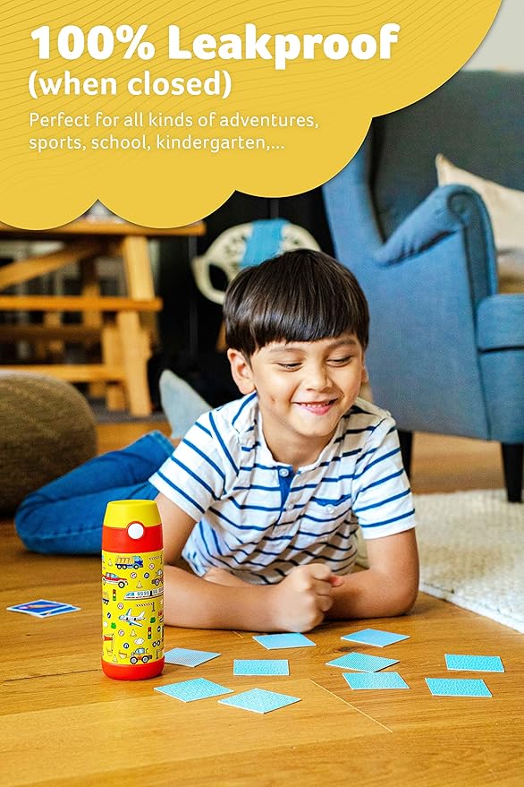 Jarlson® Mali Children's Water Bottle, Thermal Stainless Steel Water Bottle, BPA-Free, Leak-Proof, Children's Bottle with Chug Lid, Bottle for School, Nursery (Vehicles, 350 ml)