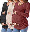 Ficerd 3 Pack Women's Maternity Shirts Ribbed Long Sleeve Pregnancy Tops V Neck Knit Side Ruched Pregnant Clothes Sweater
