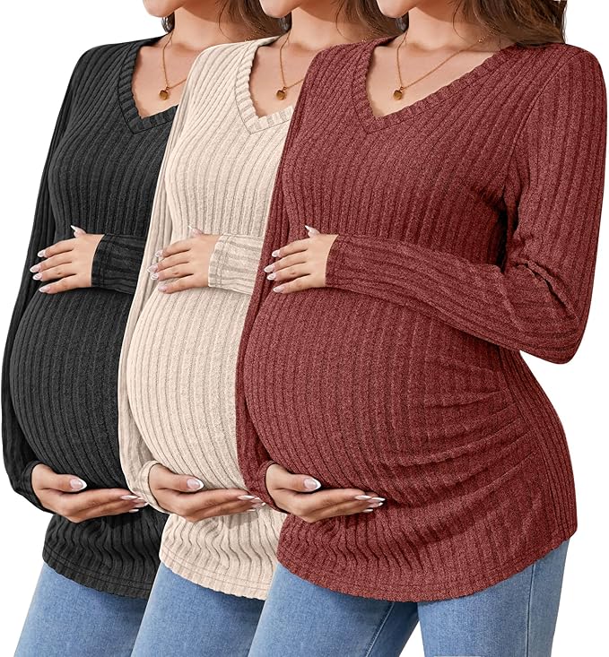 Ficerd 3 Pack Women's Maternity Shirts Ribbed Long Sleeve Pregnancy Tops V Neck Knit Side Ruched Pregnant Clothes Sweater