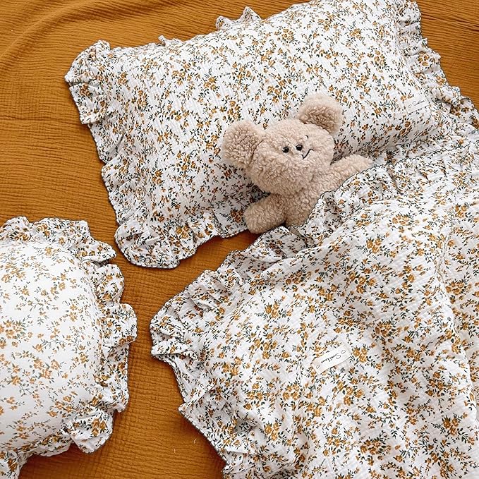 BuLuTu Cotton Muslin Ruffle Edge with Hibiscus Flowers Kids Toddler Pillowcase Soft Travel Pillow Nursery Pillowcase for Boys,Girls,Bedding Decor Machine Washable, Durable Pillowcase,1 Piece,Standard