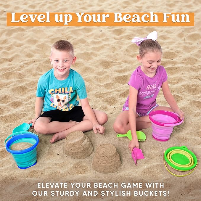 JOYIN 3 Packs Foldable Pail Bucket with Shovels & Mesh Bag, Collapsible Buckets Multi Purpose for Beach, Camping Gear, Beach Party, Fishing, and Fun Summer Activities (Blue/Pink/Green)