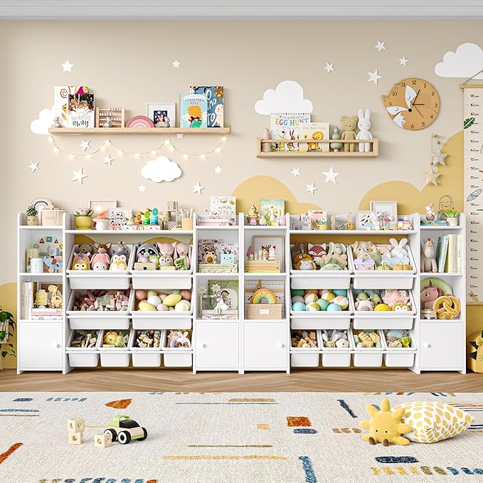 FOTOSOK 55''Large Toy Storage Organizer with 8 Toy Bins, Toy Organizers and Storage with Shelf and 6 Storage Cubbies, Bookshelf for Kids, Playroom Organization and Storage Bins, White