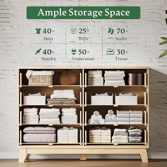 Fluted Dresser with 8 Drawers, 54" Wide Modern Chest of Drawers with Metal Handle, Wooden Dresser TV Stand, Wood Closet Clothes Storage Organizer for Bedroom, Living Room, Hallway, Natural Oak